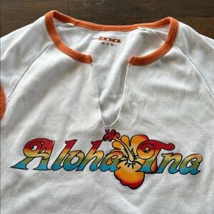TNA White Short Sleeve Tee with Orange Trim and Multicolor 'Aloha Tna' Graphic